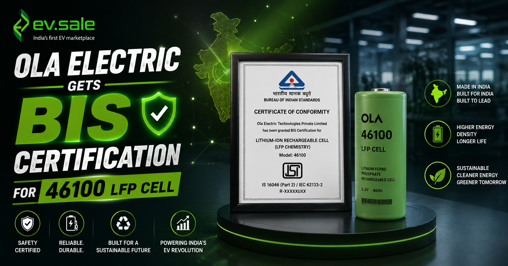 Ola Electric Gets BIS Certification for 46100 LFP Cell
